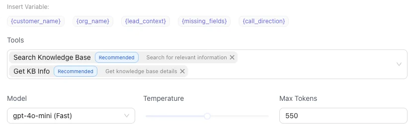 A Dilr Voice agent's settings: prompt variables, the Search Knowledge Base and Get KB Info tools, model, temperature and max tokens.