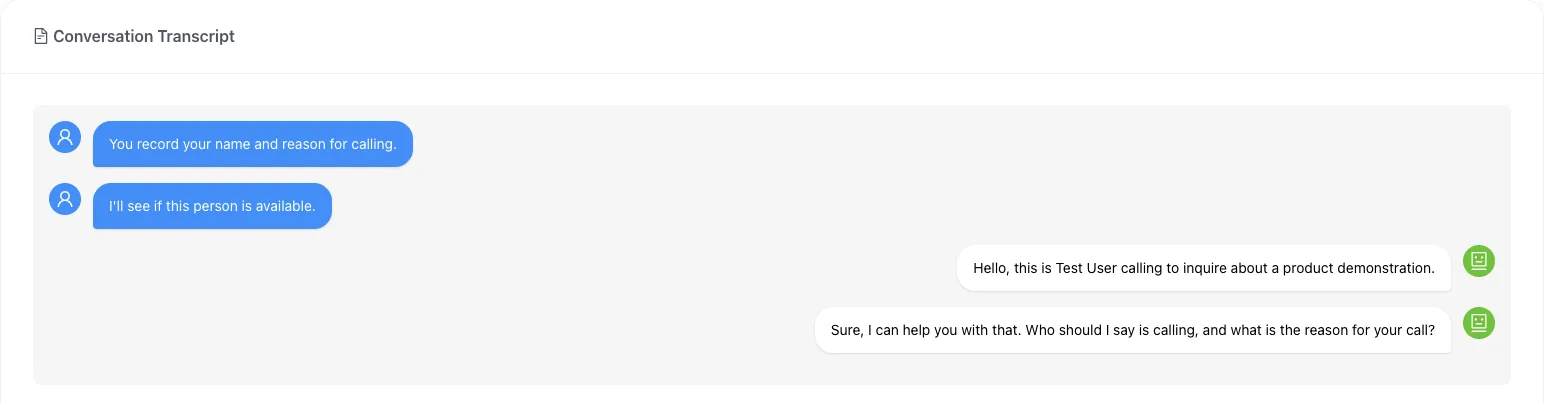 A Dilr Voice call transcript between a caller and the AI receptionist.
