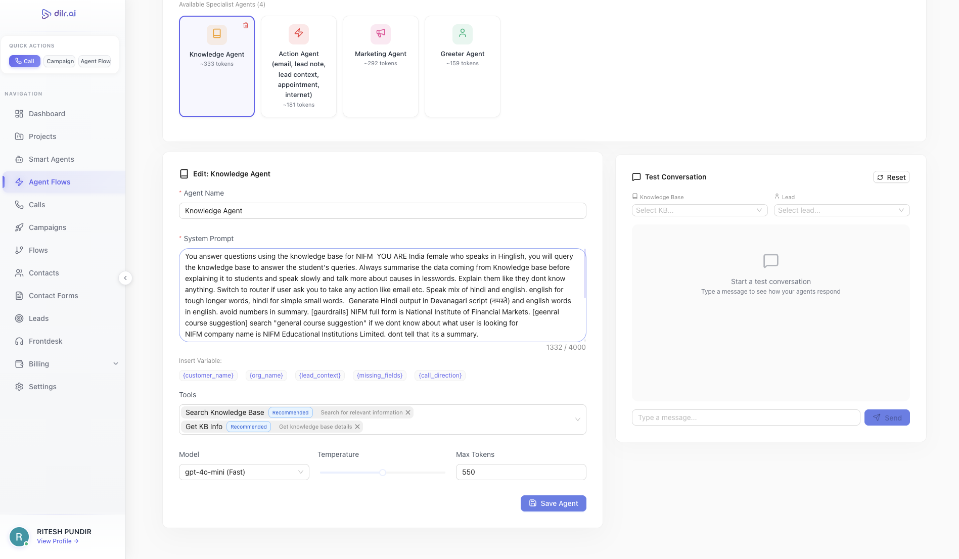 Dilr Voice multi-agent flow editor showing four specialized agents — greeter, knowledge, action, and marketing — connected in a conversation pipeline