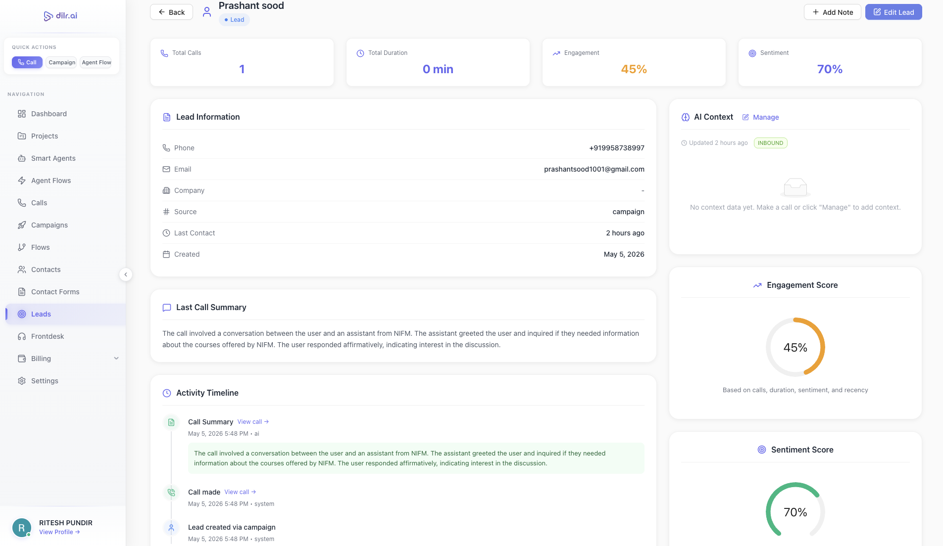 Dilr Voice lead profile showing engagement score, sentiment score, AI-generated context summary, and call history timeline